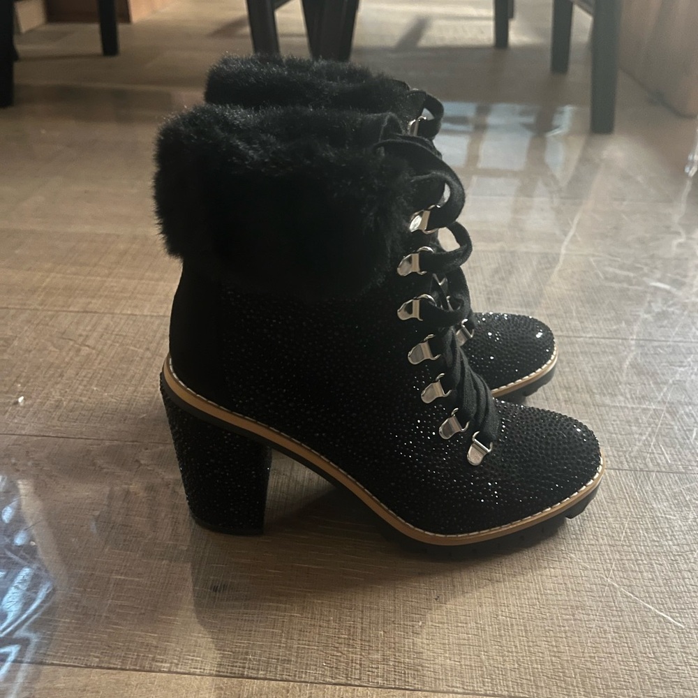 INC International Concepts Black Fur-Trimmed Heeled Boots